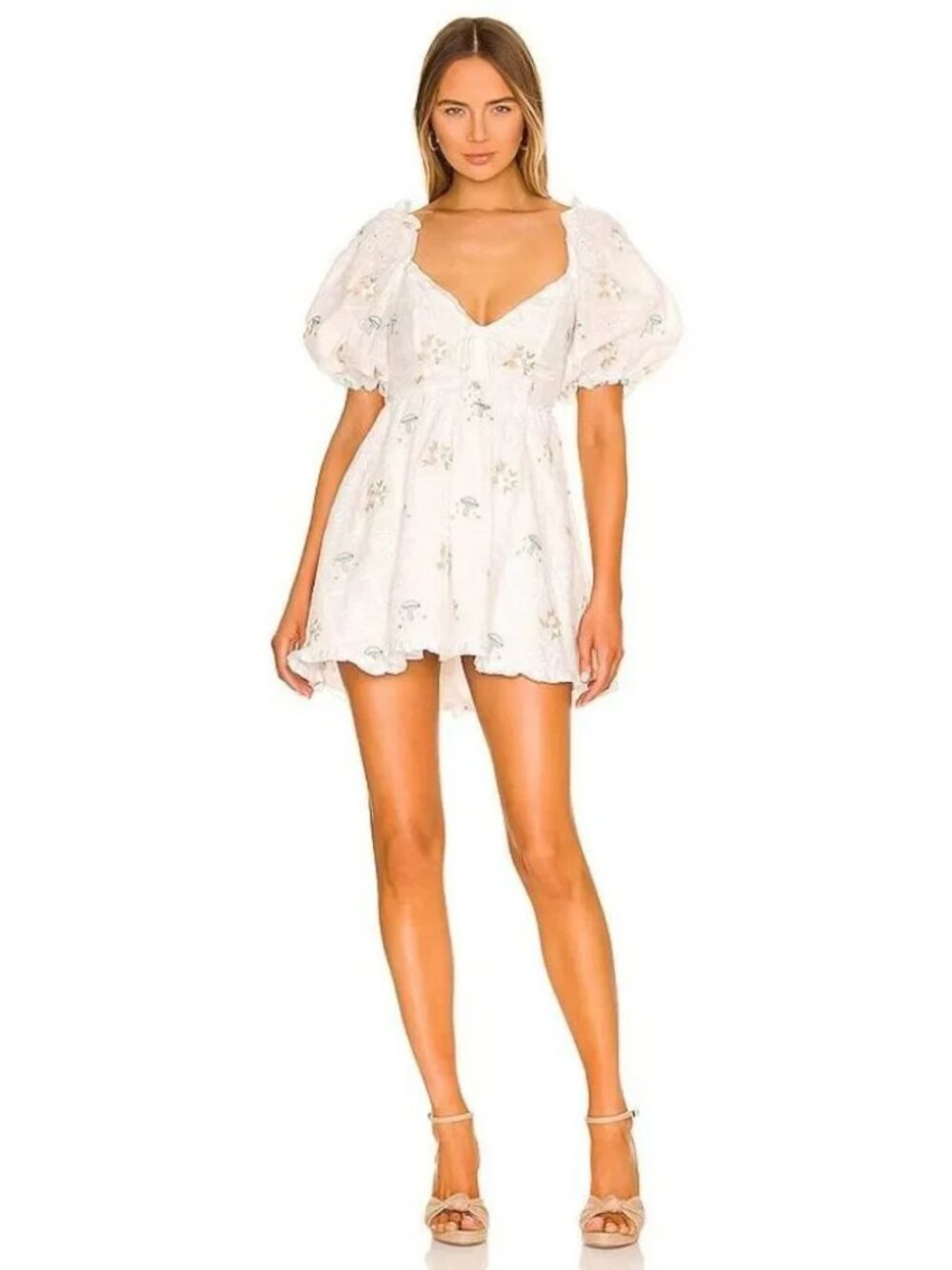 For Love and Lemons Yolanda Mini Dress White Eyelet Mushroom Print Puff Sleeve L - Picture 4 of 12
